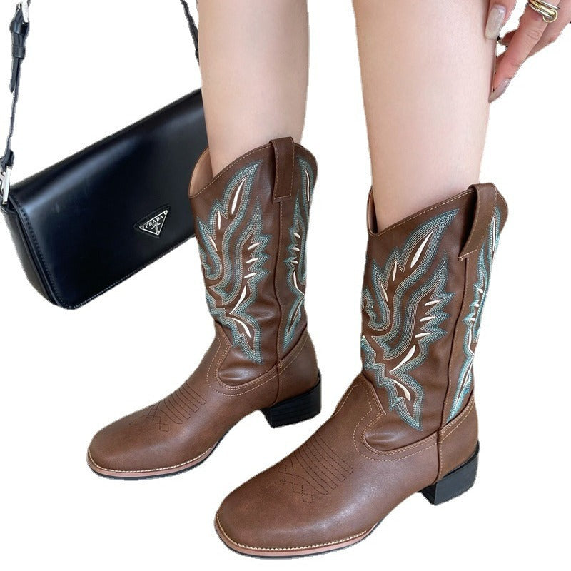 Damen Western-Cowboy-Boots mit aufwendiger Stickerei, mittlerer Schafthöhe und robuster Blockabsatz EB