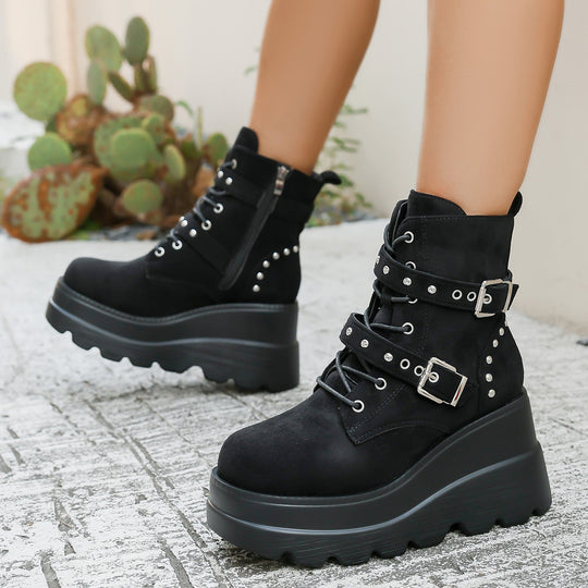 Damen Wedge-Stiefel mit modischen Schnallen und robustem Plateau EB