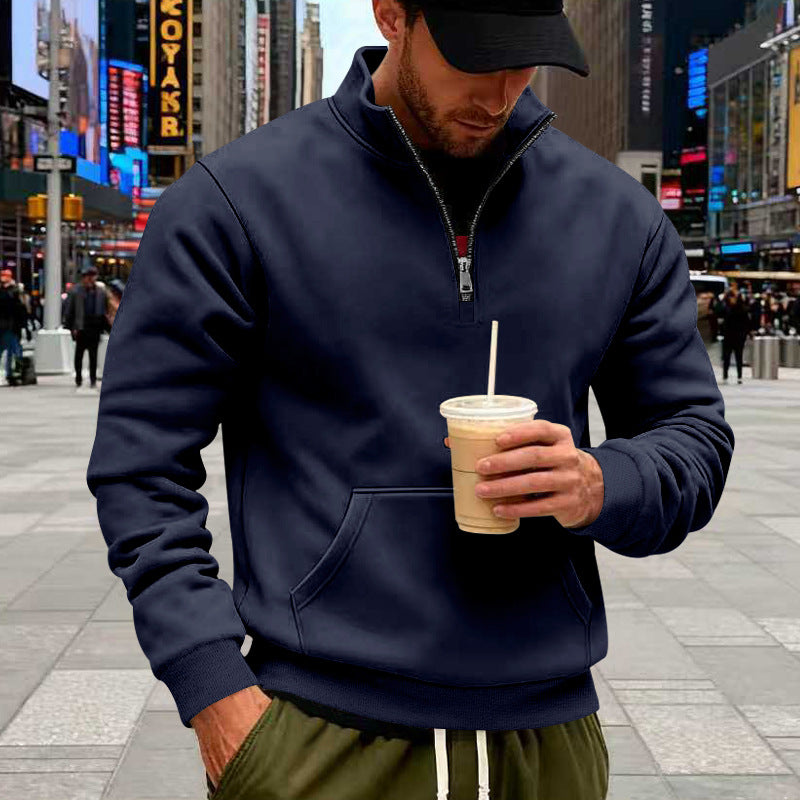 Herren nan Halbzip-Sweatshirt mit Kängurutasche, elastischen Rippbündchen und hohem Stehkragen EB