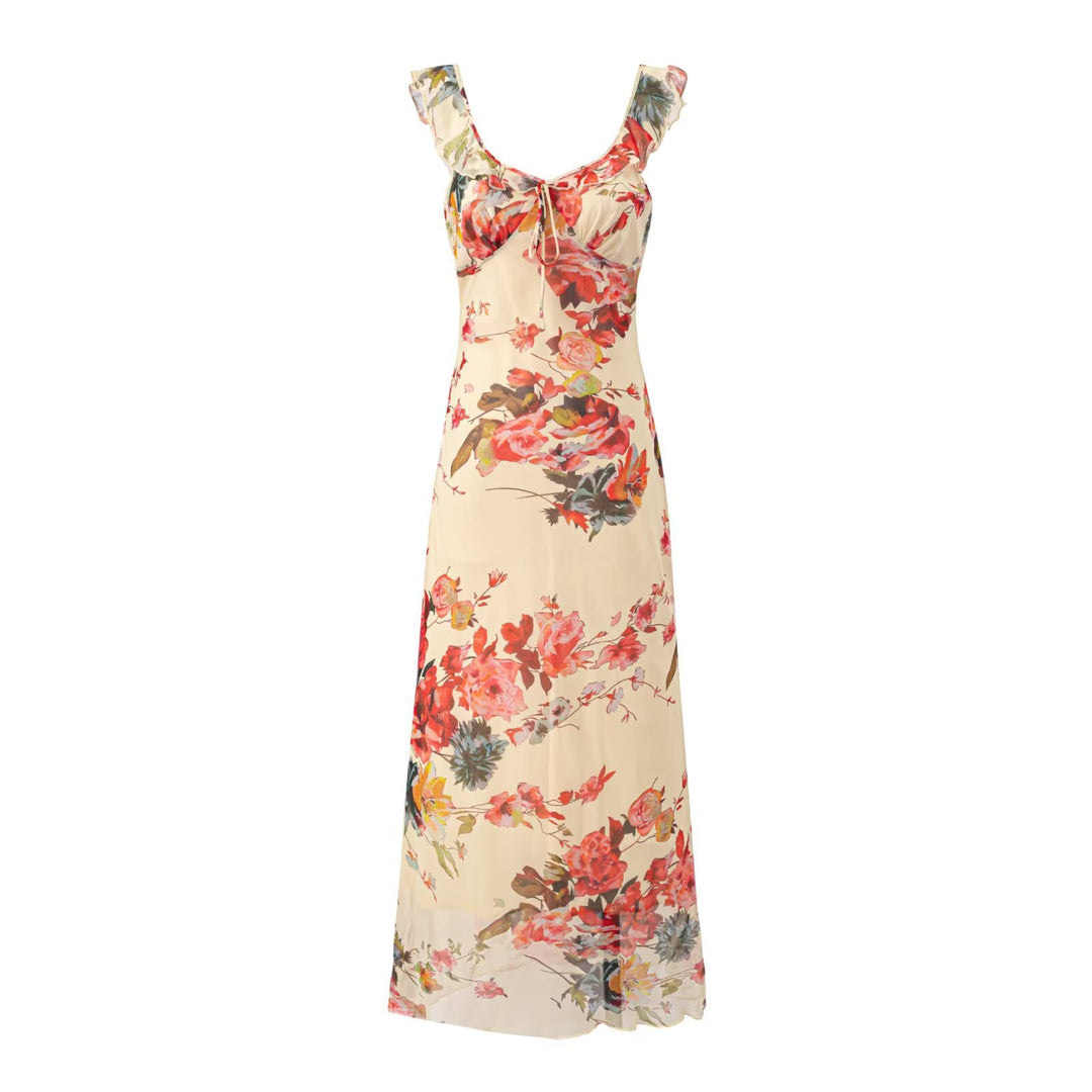 Damen Maxikleid mit zarten Rüschen und floralem Muster EB