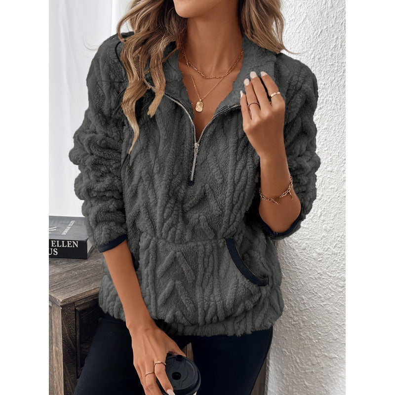 Damen flauschiger Teddy-Pullover mit halbem Reißverschluss und hohen Kragen EB