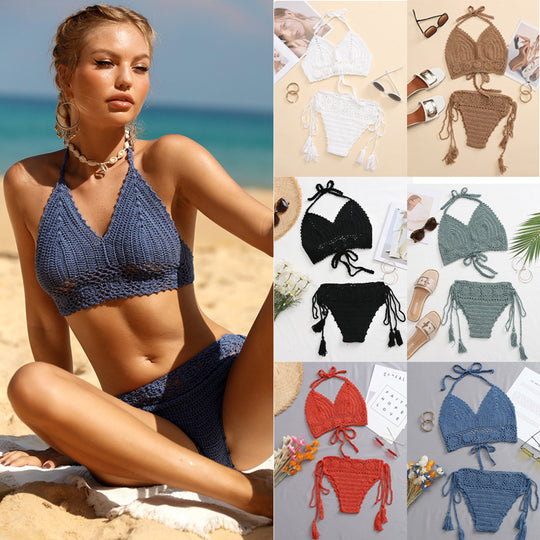 Damen Häkel-Bikini-Set mit verstellbaren Trägern und fransigen Details EB