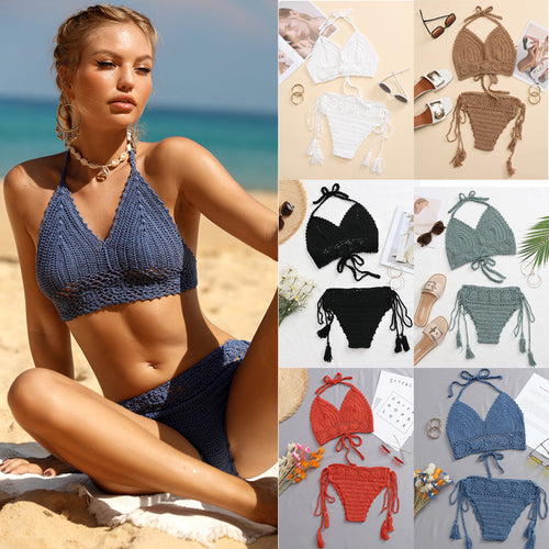 Damen Häkel-Bikini-Set mit verstellbaren Trägern und fransigen Details EB