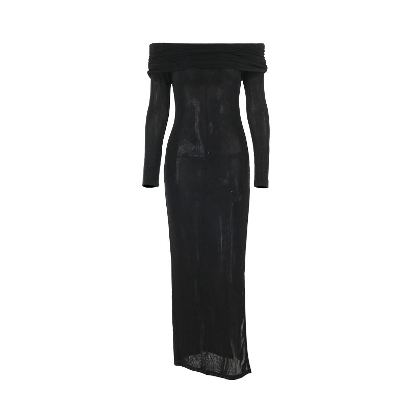 Damen schulterfreies Maxikleid mit eleganter Drapierung und transparentem Oberteil EB