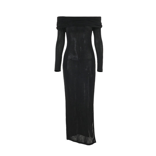 Damen schulterfreies Maxikleid mit eleganter Drapierung und transparentem Oberteil EB