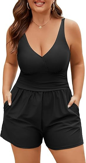 Damen Playsuit mit tiefem V-Ausschnitt und seitlichen Taschen EB