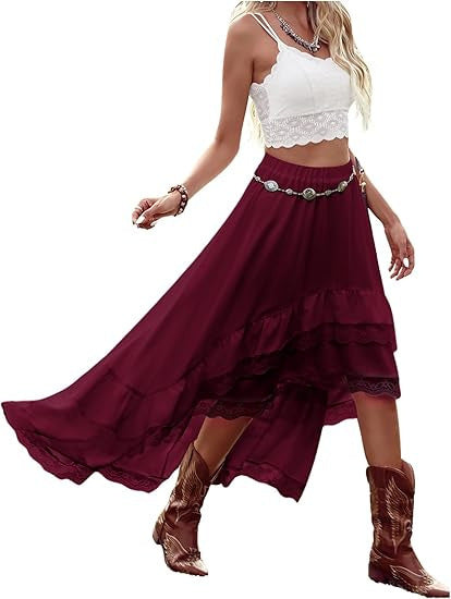 Damen Boho Maxi-Rock mit asymmetrischem Saum und Spitzenverzierungen EB