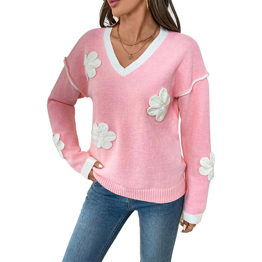 Damen V-Ausschnitt Pullover mit Blumen-Design EB