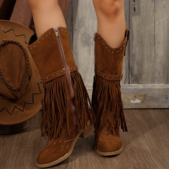 Damen Fransen-Stiefel mit Nietenverzierungen und Blockabsatz EB