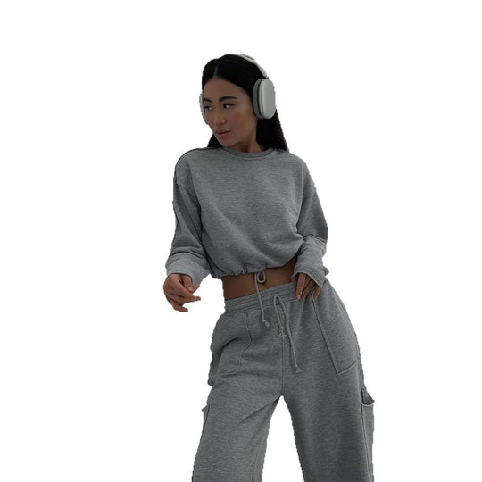 Damen kurzes Sweatshirt mit Kordelzug und Oversize-Ärmeln EB