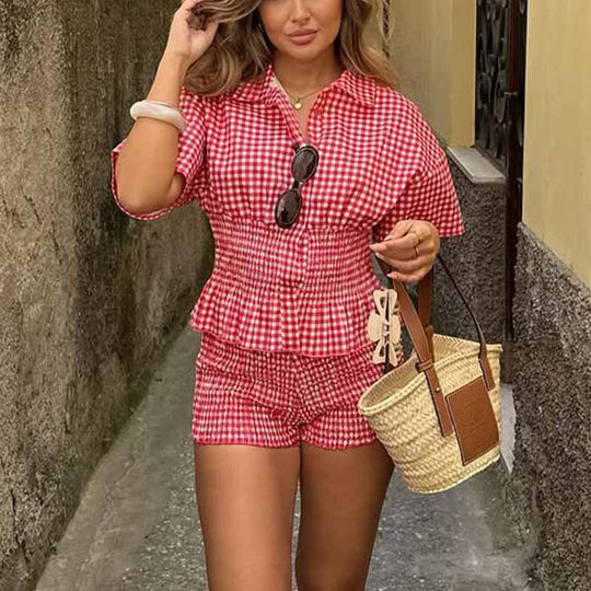 Damen Zweiteiliges Karomuster-Set mit taillierter Bluse und sportlichen Shorts EB