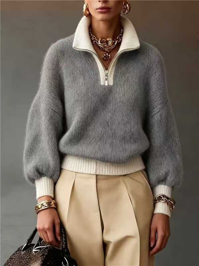 Damen Flauschiger Pullover mit halbem Reißverschluss, Stehkragen und Ballonärmeln EB