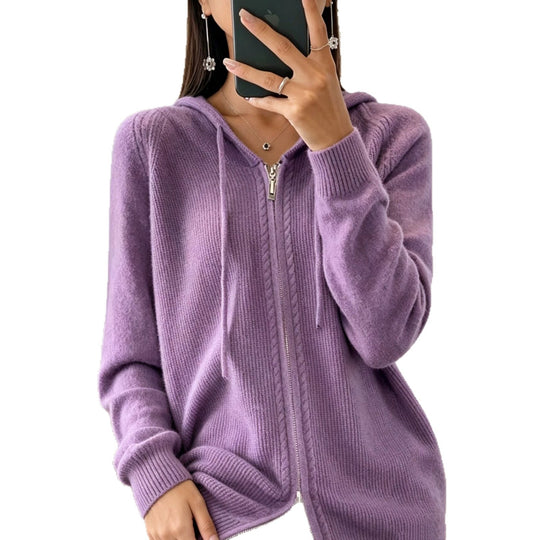 Damen Kapuzen-Cardigan mit Reißverschluss, feinem Feinstrick und gerippten Bündchen EB