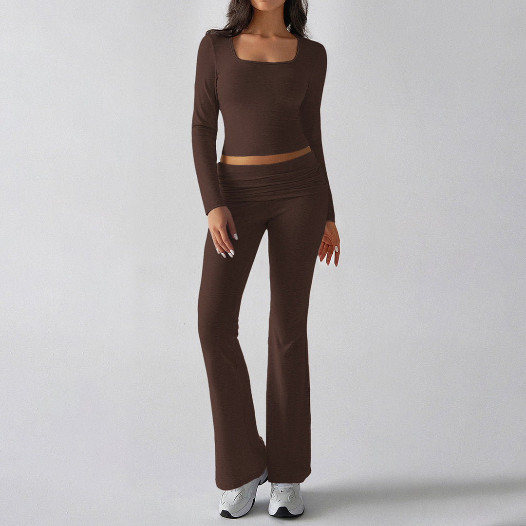 Damen nan figurbetontes Cropped-Set mit langärmeligem Top mit quadratischem Ausschnitt und ausgestellter High‑Waist Yoga-Hose EB