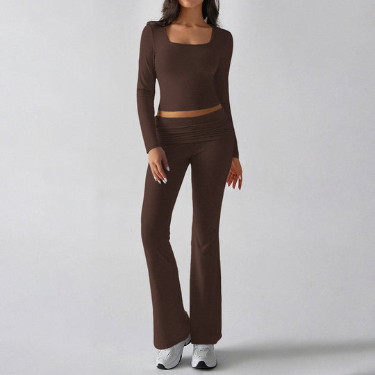 Damen nan figurbetontes Cropped-Set mit langärmeligem Top mit quadratischem Ausschnitt und ausgestellter High‑Waist Yoga-Hose EB