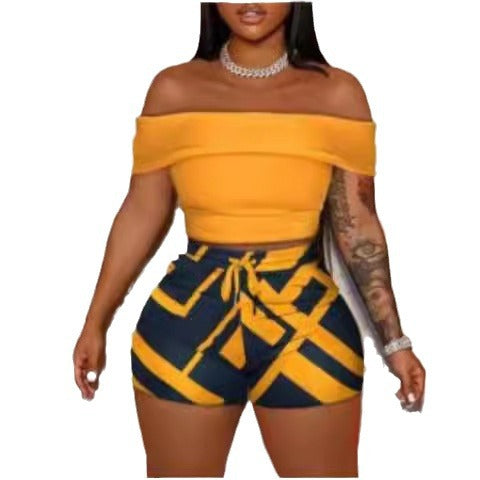 Damen Off-Shoulder Top und Hohe Taille Shorts Set EB