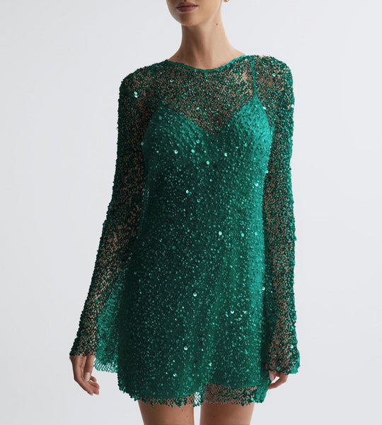 Damen Glitzerndes Cocktailkleid mit schimmernden Pailletten und langen Ärmeln EB