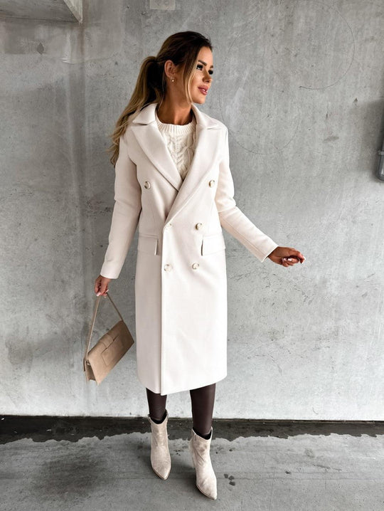 Damen Eleganter Doppelreiher-Mantel mit strukturiertem Stoff und taillierbarem Gürtel EB