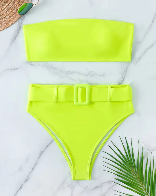 Damen Bandeau-Bikini-Set mit hoch taillierter Hose und trendigem Gürteldetail EB