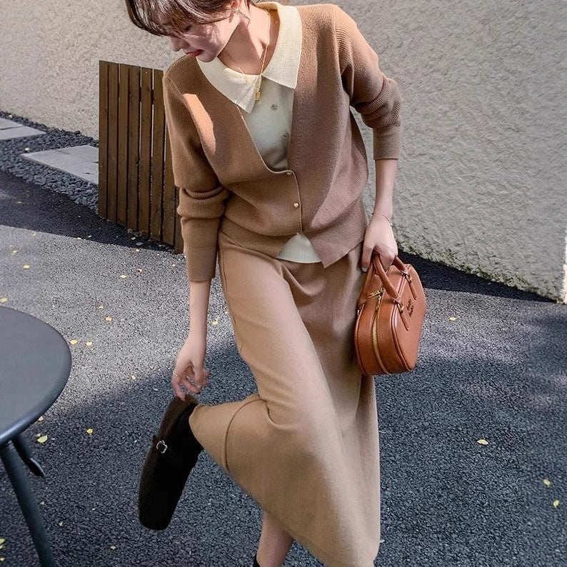 Damen Strickensemble mit eleganter Blusenoptik und weitem Rock EB