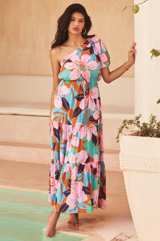 Damen Maxikleid mit asymmetrischem Schnitt und lebhaftem Blattmuster EB