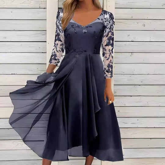 Damen nan V-Ausschnitt Chiffon-Midikleid mit besticktem Bustier, transparenten dreiviertel-Ärmeln und asymmetrischem Lagenrock EB