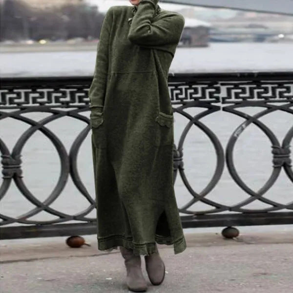 Damen nan langes Strickmaxikleid mit Seitenschlitzen und aufgesetzten Taschen EB