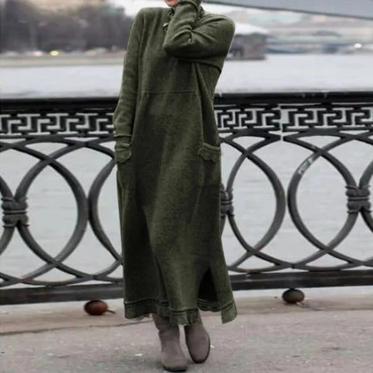 Damen nan langes Strickmaxikleid mit Seitenschlitzen und aufgesetzten Taschen EB