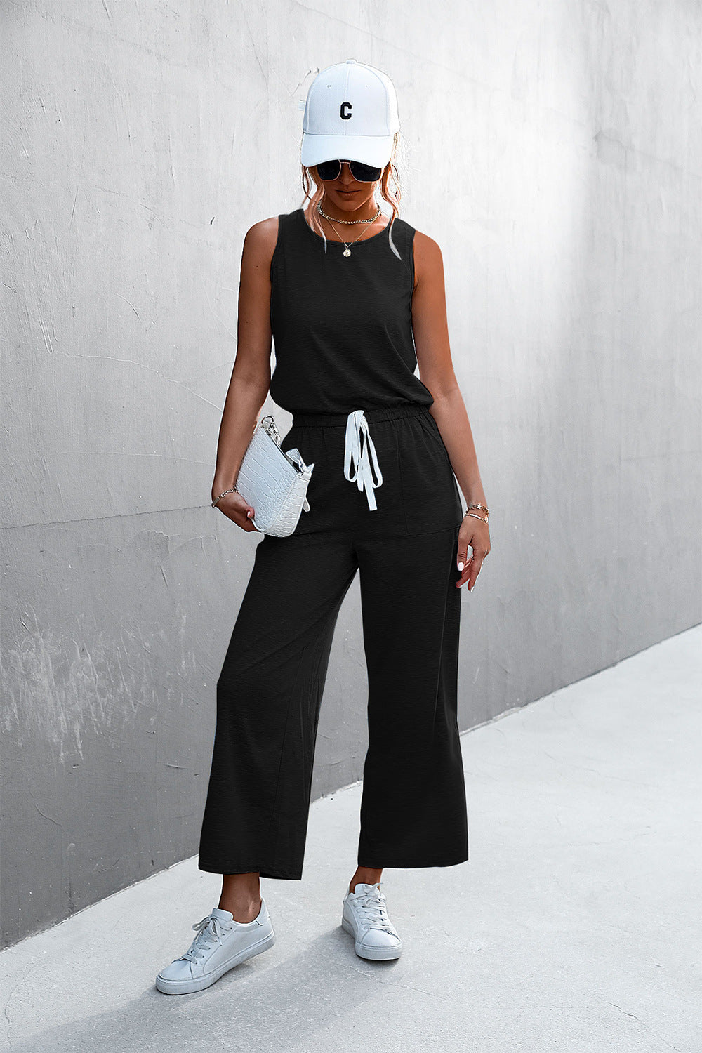 Damen luftiger Jumpsuit mit weitem Bein und elastischem Taillenzug EB