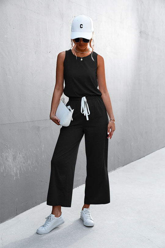 Damen luftiger Jumpsuit mit weitem Bein und elastischem Taillenzug EB