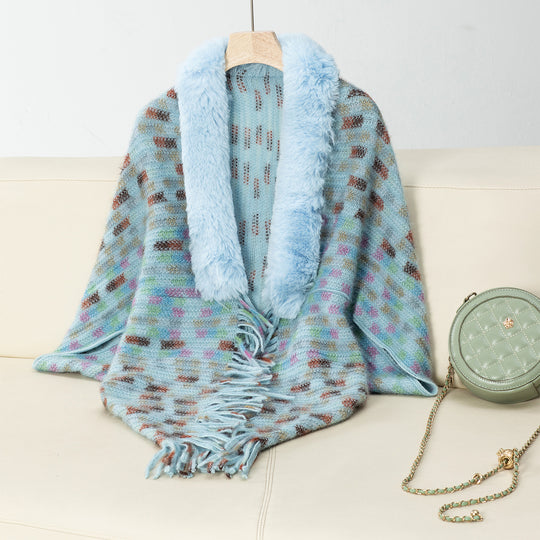 Damen eleganter Poncho mit luxuriösem Kunstfellkragen und Fransen EB