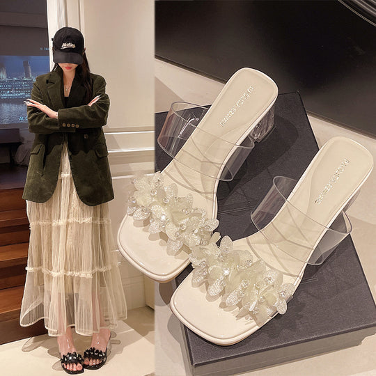 Damen Transparente Mules mit floralem Design und glitzerndem Blockabsatz EB