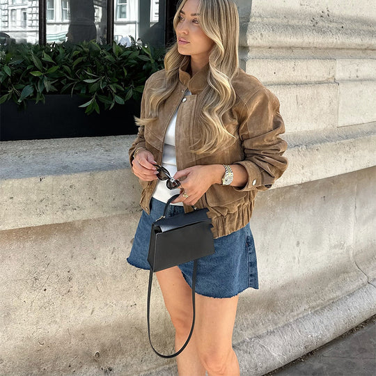 Damen Suede-Jacke im modernen Cropped-Style mit Taschen EB