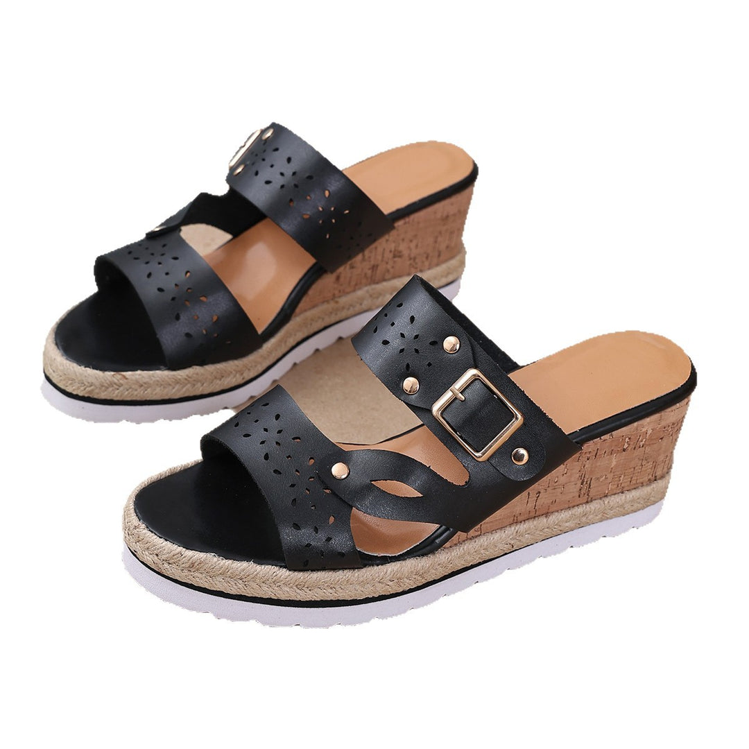 Damen Wedge-Pantoletten mit modischen Schnallen und floralem Cut-Out-Design EB