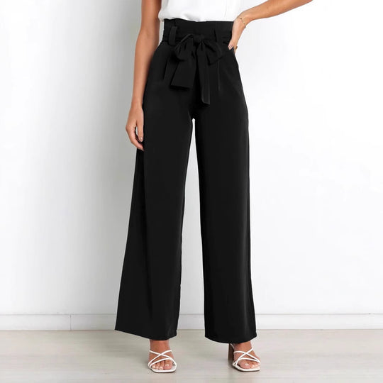 Damen Weite High-Waist Paperbag-Hose mit Bundfalten und Bindegürtel EB