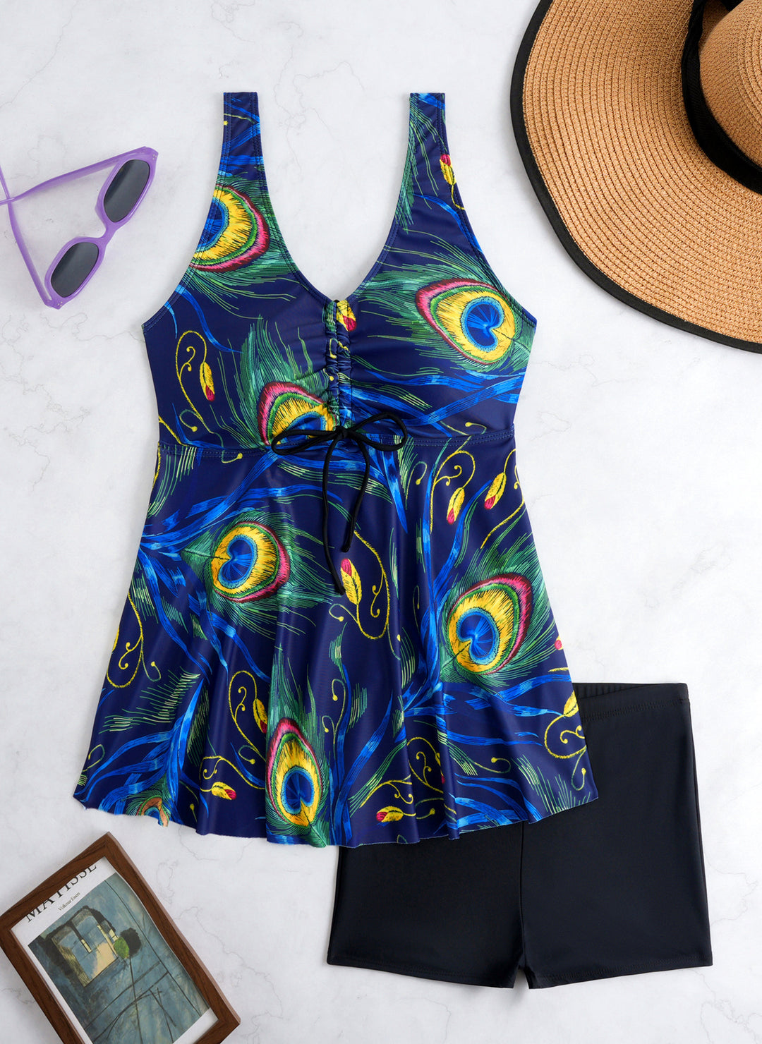 Damen Tankini-Set mit modischem Volant und grafischem Pfauenmuster EB