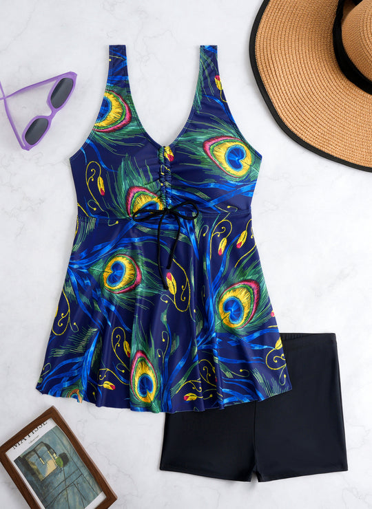 Damen Tankini-Set mit modischem Volant und grafischem Pfauenmuster EB