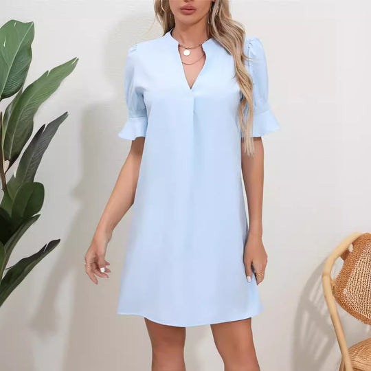 Damen Elegantes Kurzarm-Kleid mit V-Ausschnitt und Schößchen EB