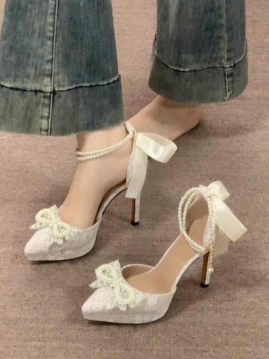 Damen elegante High Heel Sandalen mit zierlicher Schleifenverzierung EB