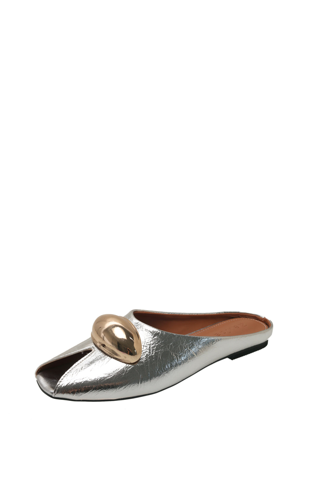 Damen Offene Mules mit schimmerndem Obermaterial und dekorativem Metall-Detail EB