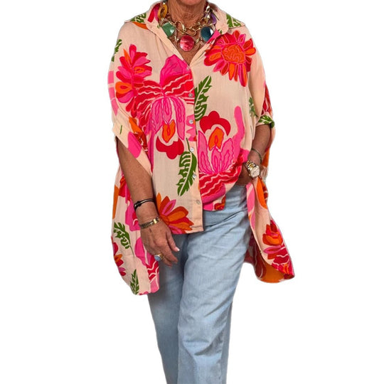 Damen Übergroßes Hemdblusenshirt mit floralem Print und kurzer Knopfleiste Heidi-Mode