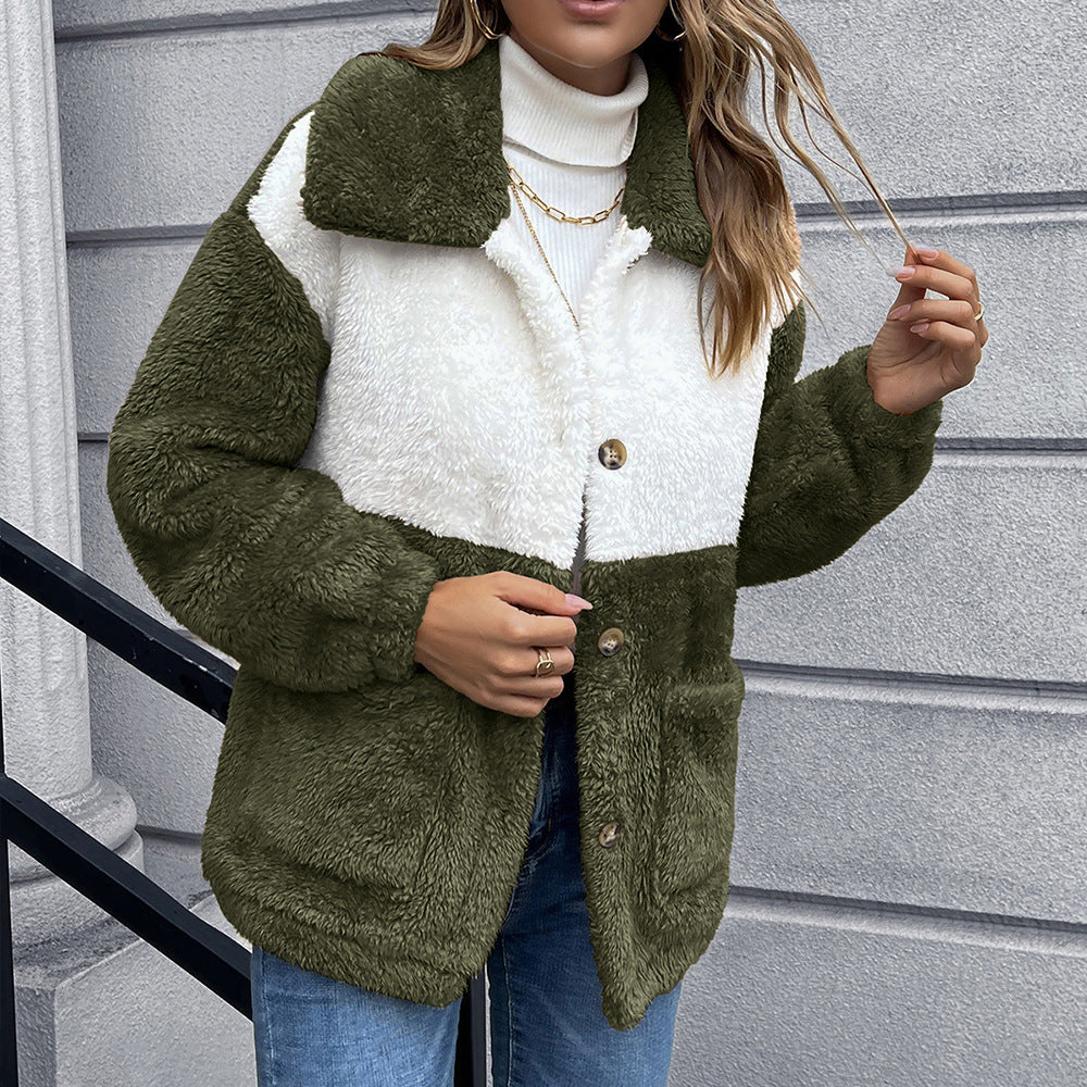 Damen Kunstfelljacke mit praktischen Taschen und modischem Farbblockdesign EB