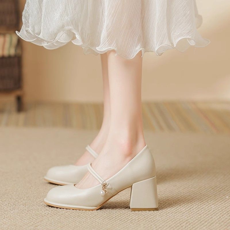 Damen elegante Mary Jane Schuhe mit Blockabsatz und Perlenakzent EB
