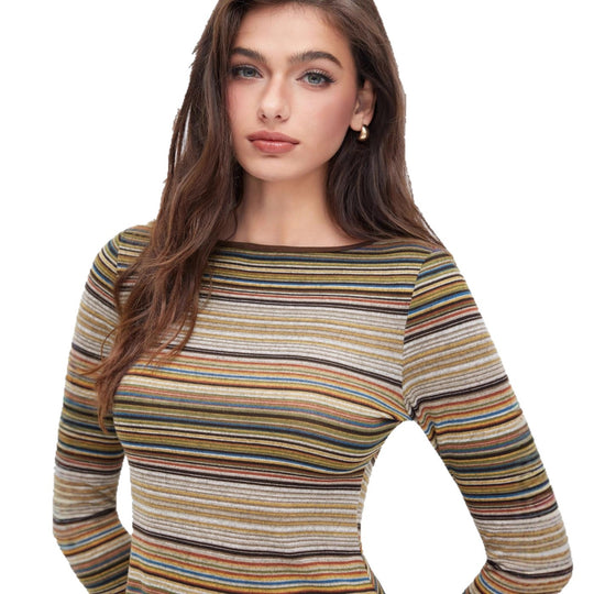 Damen Gestreiftes Feinstrick-Minikleid mit taillierter Silhouette und langen Ärmeln EB