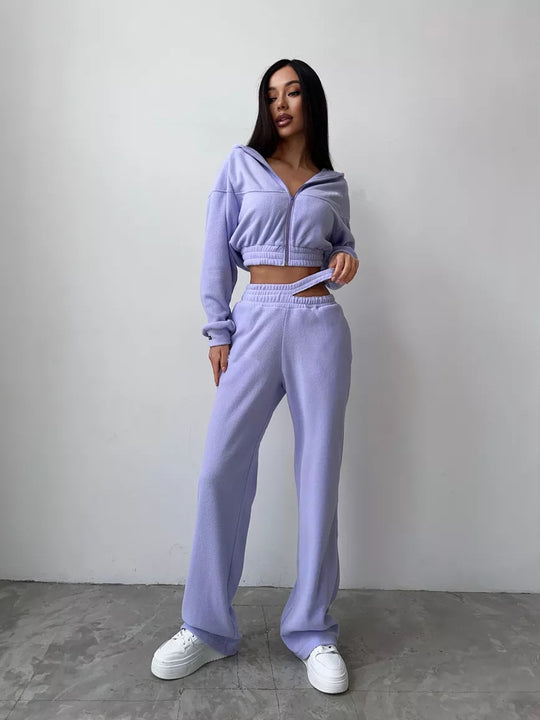 Damen Cropped Fleece-Set mit kurzem Zip-Hoodie und hoher Taillen-Jogginghose EB