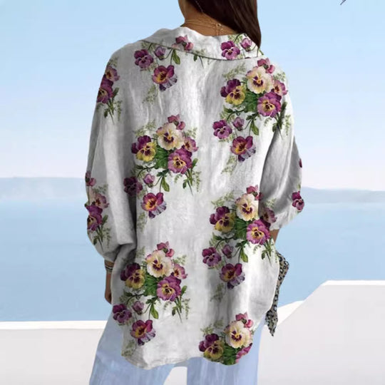 Damen Leinenbluse mit floralen Akzenten Heidi-Mode