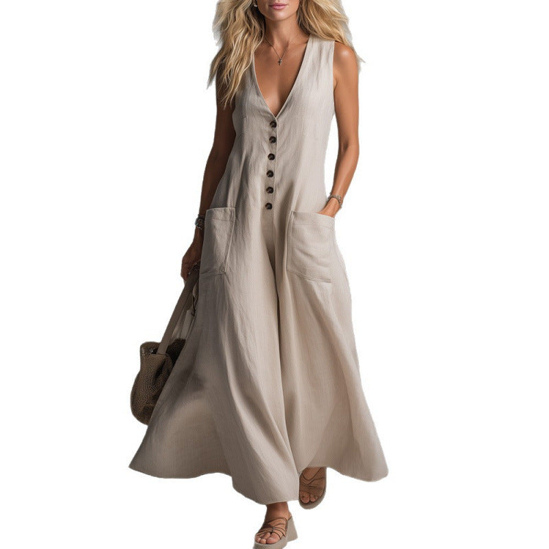 Damen eleganter Jumpsuit mit tiefem V-Ausschnitt und praktischen Taschen EB