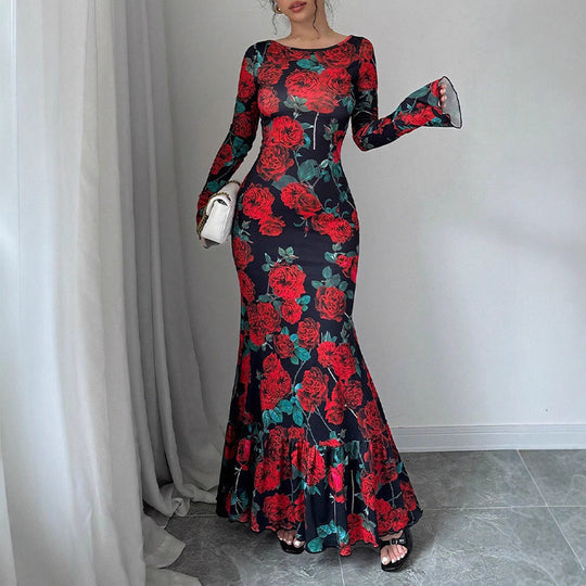 Damen nan eng anliegendes Maxikleid mit Meerjungfrauen-Schnitt, langen Glockenärmeln und Rüschensaum EB