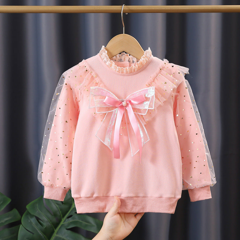 Mädchen modisches Sweatshirt mit dekorativen Tüllärmeln und Schleifendetails EB