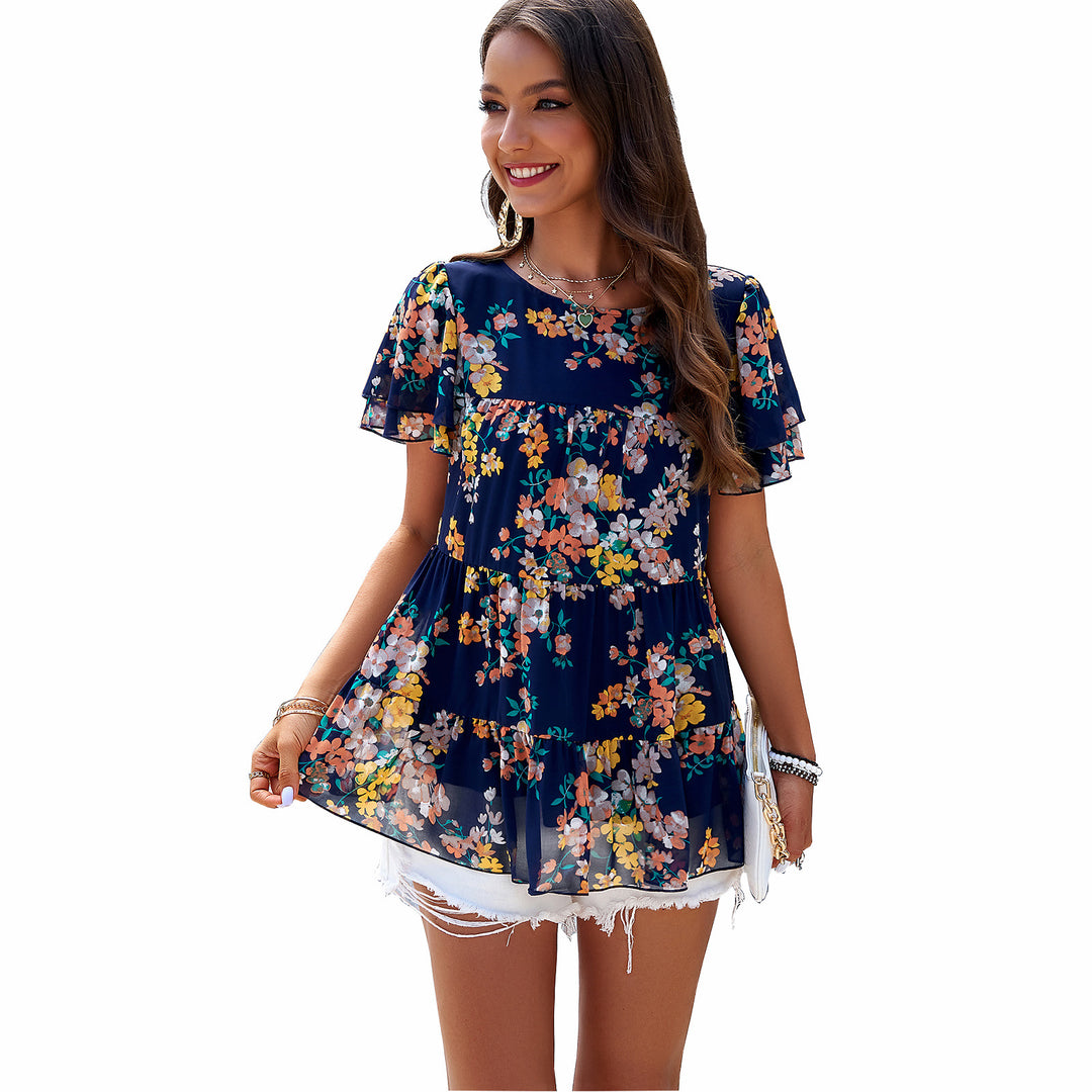 Damen Luftiges Blumenshirt mit Rüschendetails EB